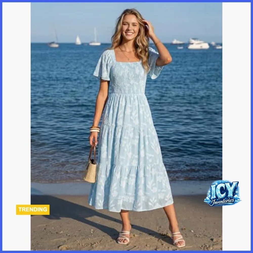 Boho Floral Midi Dress Casual Short Sleeve Square Neck Flowy Beach